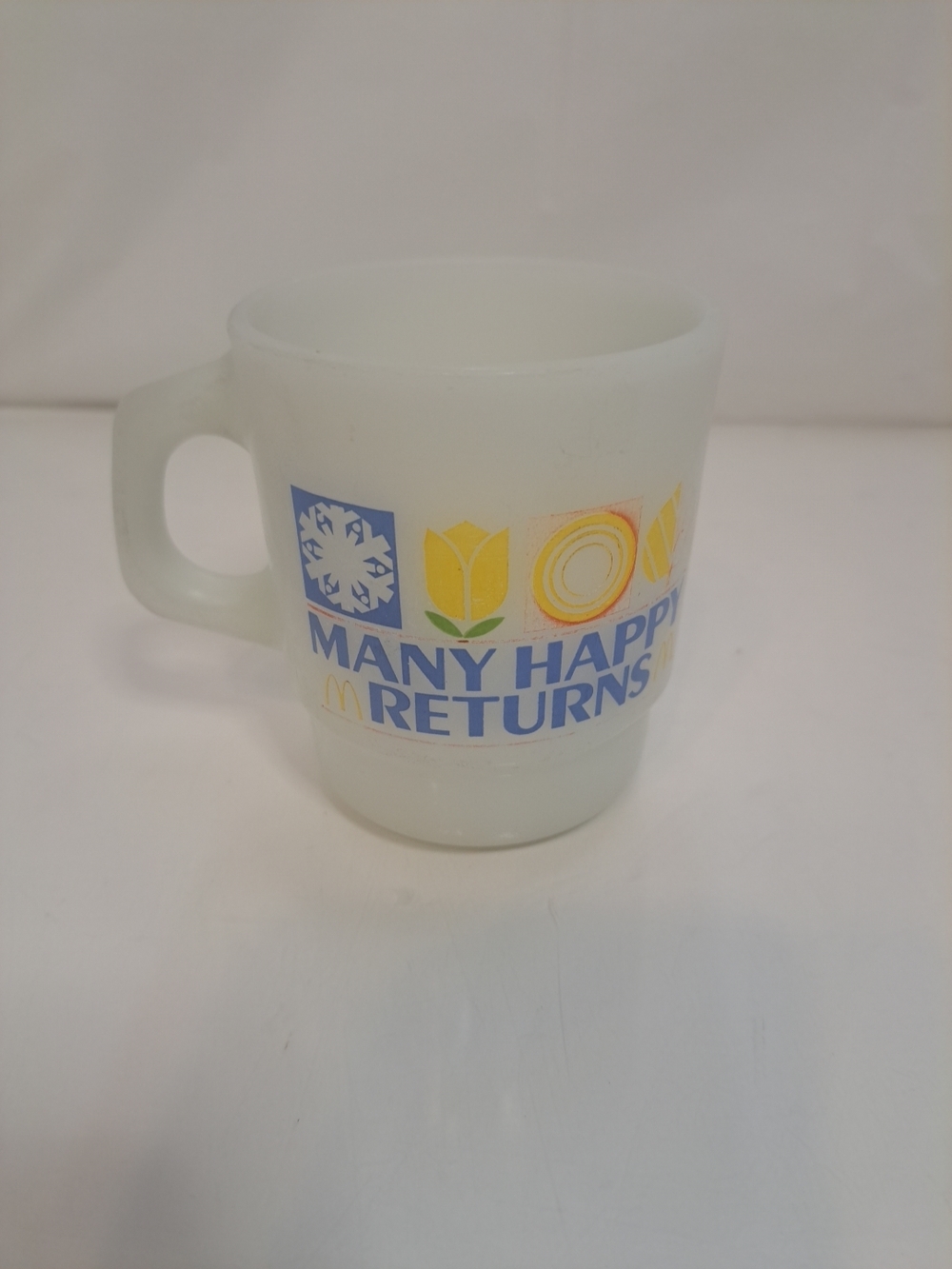 Vintage 1982 McDonalds Milk Glass Coffee Mug Many Happy Returns - Anchor Hocking